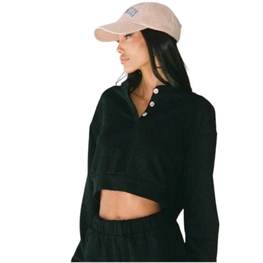 Women's 4 Princess Polly Rise & Lounge Cropped Henley Sweatshirt Black